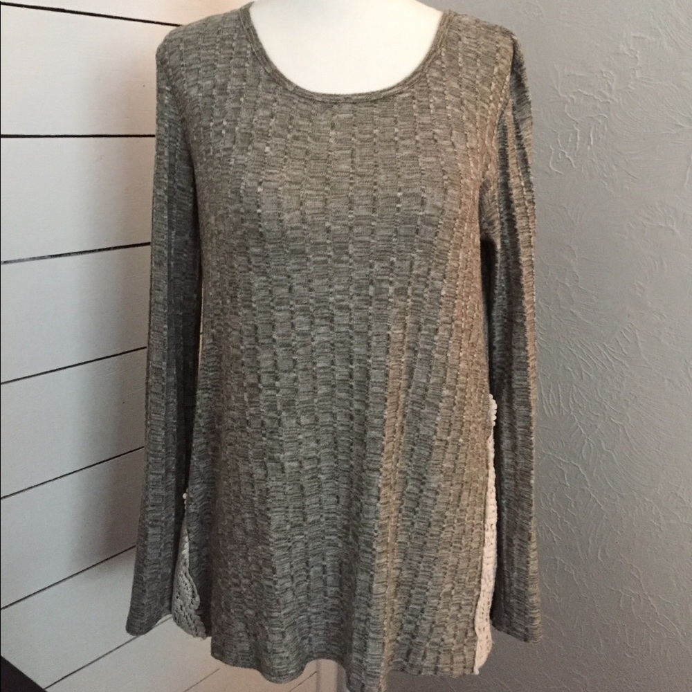 Heather Green long Sleeve Knit Top tunic with lace